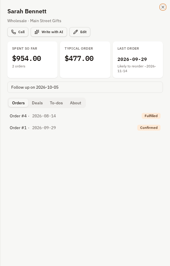 Customer profile side panel with sales history