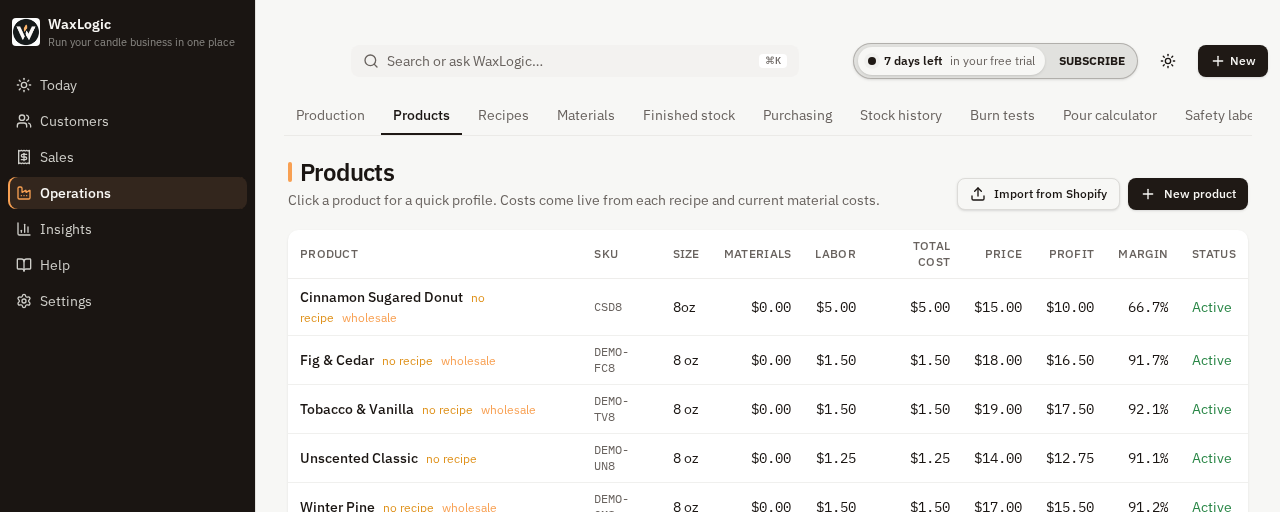 Products with live costs, profit and margin