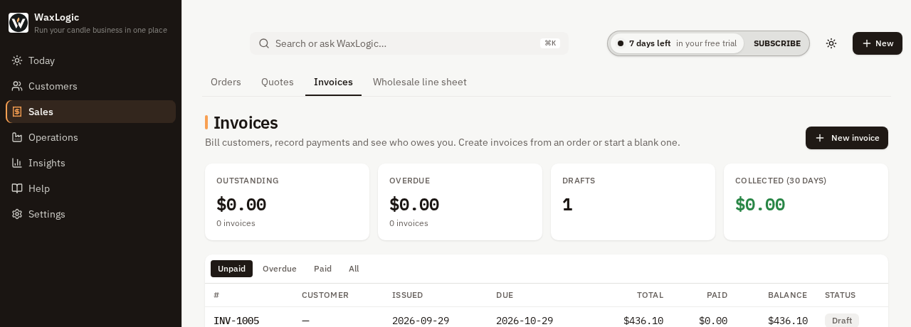 Invoices with outstanding, overdue and collected totals